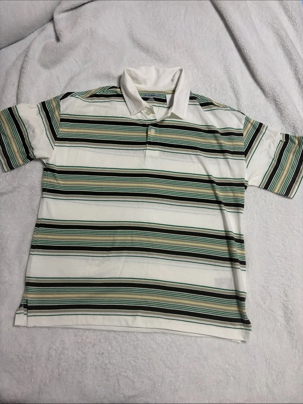 Boy’s Old Navy White Polo with Green and Black Stripes Size 8